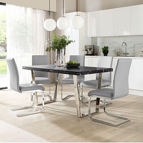 Milento 150cm Black Marble and Chrome Dining Table with 4 Perth Light Grey Leather Chairs