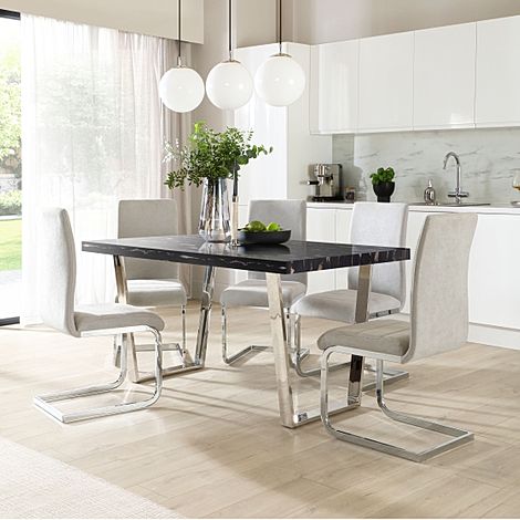 Milento 150cm Black Marble and Chrome Dining Table with 6 Perth Dove Grey Fabric Chairs