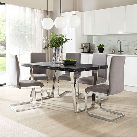Milento 150cm Black Marble and Chrome Dining Table with 4 Perth Grey Velvet Chairs