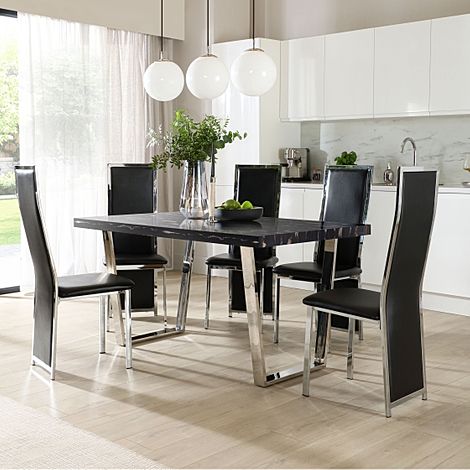 Milento 150cm Black Marble and Chrome Dining Table with 4 Celeste Black Leather Chairs
