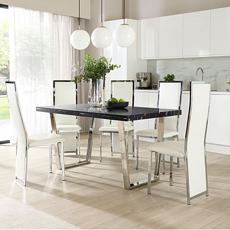 Milento 150cm Black Marble and Chrome Dining Table with 4 Celeste White Leather Chairs