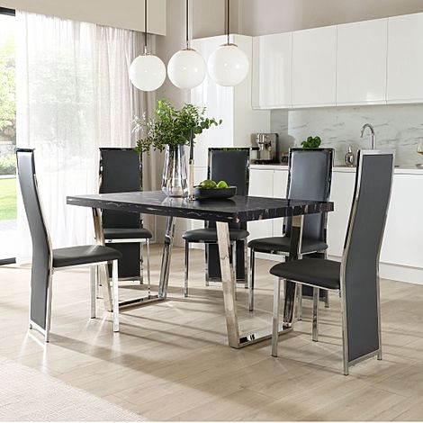 Milento 150cm Black Marble and Chrome Dining Table with 4 Celeste Grey Leather Chairs