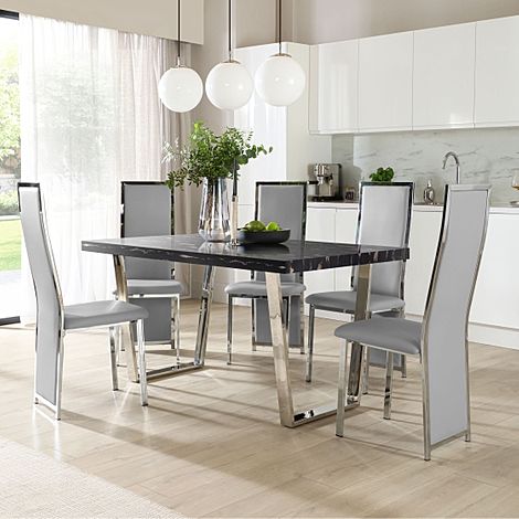 Milento 150cm Black Marble and Chrome Dining Table with 4 Celeste Light Grey Leather Chairs