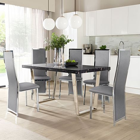 Milento 150cm Black Marble and Chrome Dining Table with 6 Celeste Grey Velvet Chairs