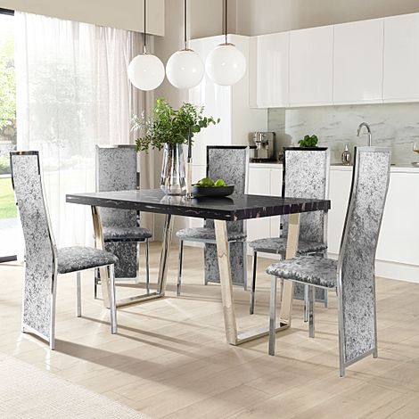 Milento 150cm Black Marble and Chrome Dining Table with 4 Celeste Silver Crushed Velvet Chairs