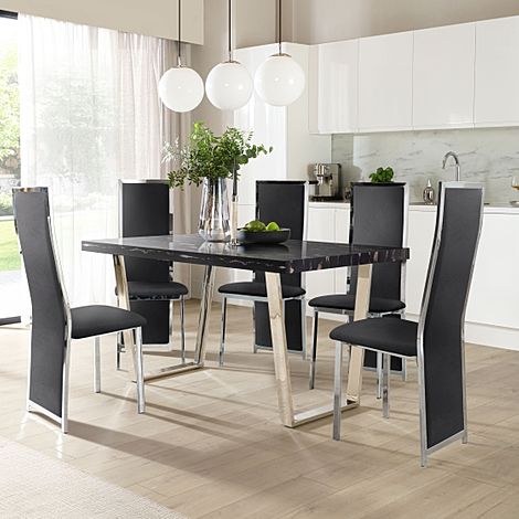 Milento 150cm Black Marble and Chrome Dining Table with 4 Celeste Black Velvet Chairs
