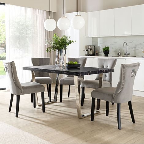 Milento Dining Table & 4 Kensington Chairs, Black Marble Effect & Chrome, Grey Classic Velvet & Black Solid Hardwood, 150cm