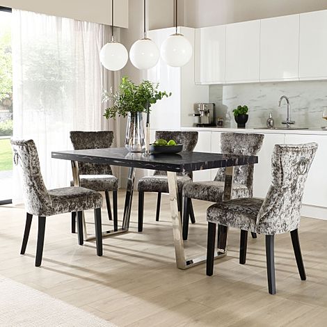 Milento 150cm Black Marble and Chrome Dining Table with 4 Kensington Silver Velvet Chairs