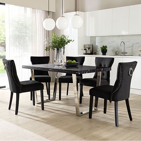 Milento Dining Table & 6 Kensington Chairs, Black Marble Effect & Chrome, Black Classic Velvet & Black Solid Hardwood, 150cm