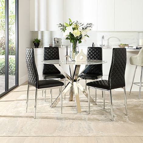 Plaza Round Dining Table & 4 Renzo Chairs, White Marble Effect & Chrome, Black Classic Faux Leather, 110cm