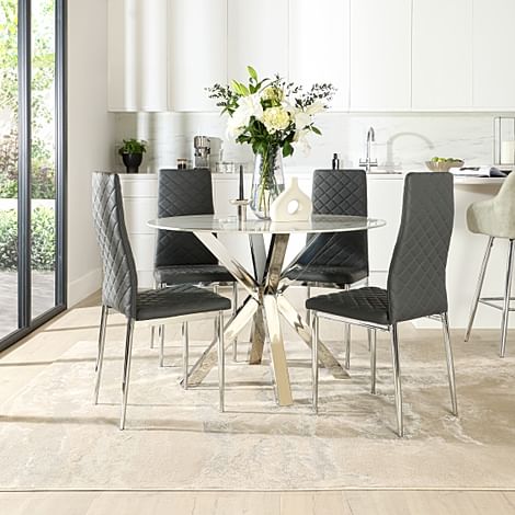 Plaza Round Dining Table & 4 Renzo Chairs, White Marble Effect & Chrome, Grey Classic Faux Leather, 110cm