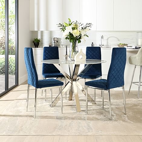 Plaza Round Dining Table & 4 Renzo Chairs, White Marble Effect & Chrome, Blue Classic Velvet, 110cm