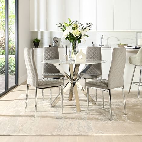 Plaza Round Dining Table & 4 Renzo Chairs, White Marble Effect & Chrome, Grey Classic Velvet, 110cm