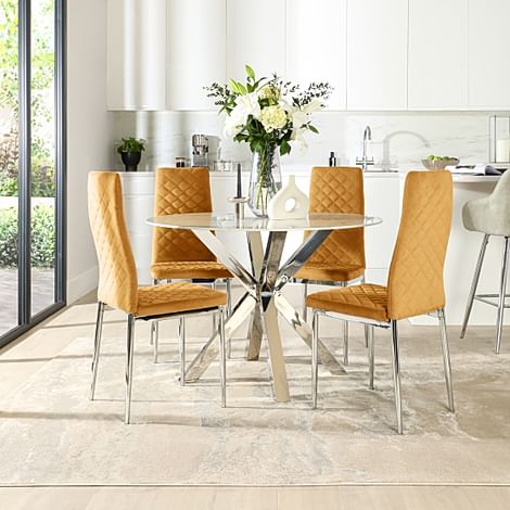 Plaza Round White Marble and Chrome Dining Table with 4 Renzo Mustard Velvet Dining Chairs