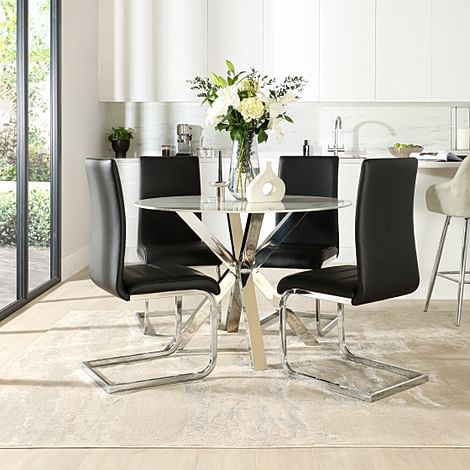 Plaza Round White Marble and Chrome Dining Table with 4 Perth Black Leather Dining Chairs