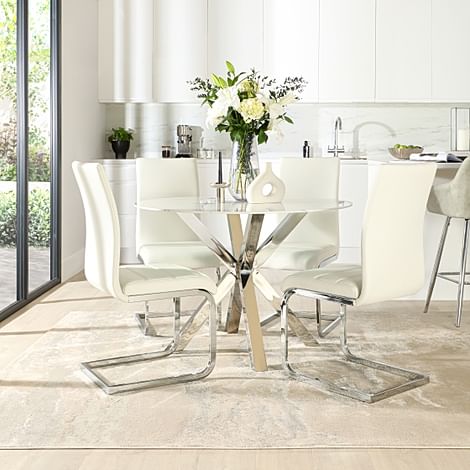 Plaza Round Dining Table & 4 Perth Chairs, White Marble Effect & Chrome, White Classic Faux Leather, 110cm