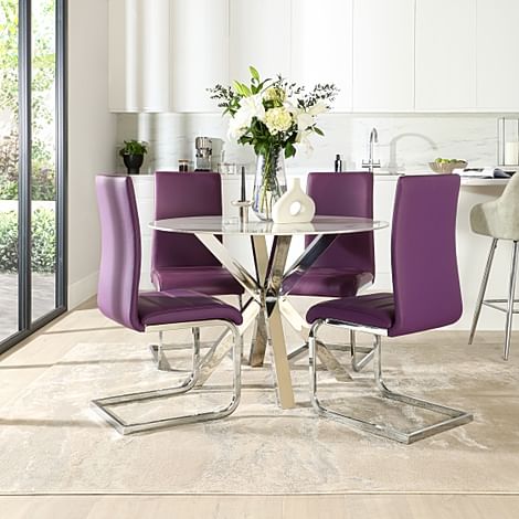 Plaza Round White Marble and Chrome Dining Table with 4 Perth Purple Leather Dining Chairs