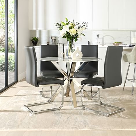 Plaza Round White Marble and Chrome Dining Table with 4 Perth Grey Leather Dining Chairs
