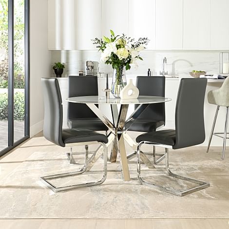 Plaza Round Dining Table & 4 Perth Chairs, White Marble Effect & Chrome, Grey Classic Faux Leather, 110cm