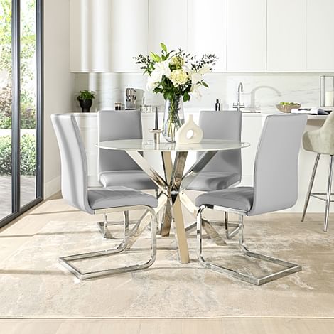 Plaza Round Dining Table & 4 Perth Chairs, White Marble Effect & Chrome, Light Grey Classic Faux Leather, 110cm