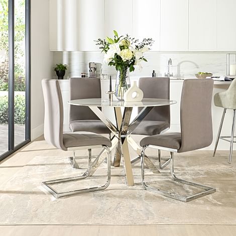 Plaza Round White Marble and Chrome Dining Table with 4 Perth Grey Velvet Dining Chairs