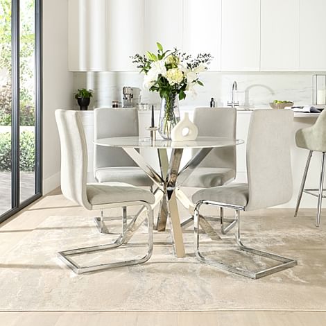 Plaza Round White Marble and Chrome Dining Table with 4 Perth Dove Grey Fabric Dining Chairs