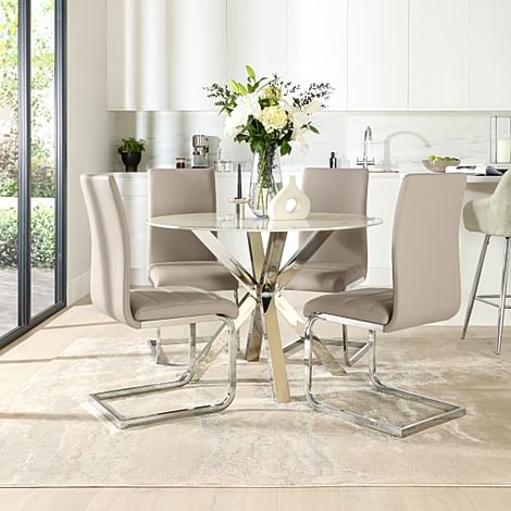 Plaza Round White Marble and Chrome Dining Table with 4 Perth Stone Grey Leather Dining Chairs