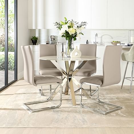 Plaza Round Dining Table & 4 Perth Chairs, White Marble Effect & Chrome, Stone Grey Classic Faux Leather, 110cm