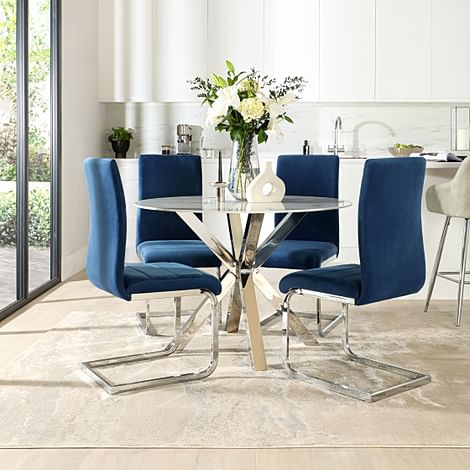 Plaza Round White Marble and Chrome Dining Table with 4 Perth Blue Velvet Dining Chairs