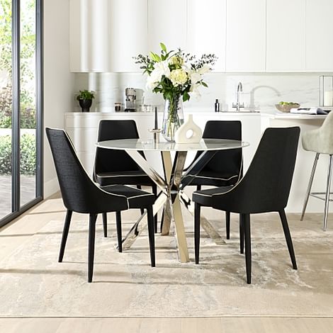 Plaza Round White Marble and Chrome Dining Table with 4 Modena Black Fabric Dining Chairs