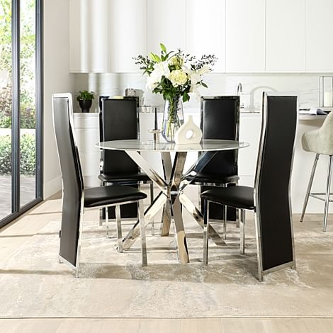 Plaza Round White Marble and Chrome Dining Table with 4 Celeste Black Leather Dining Chairs