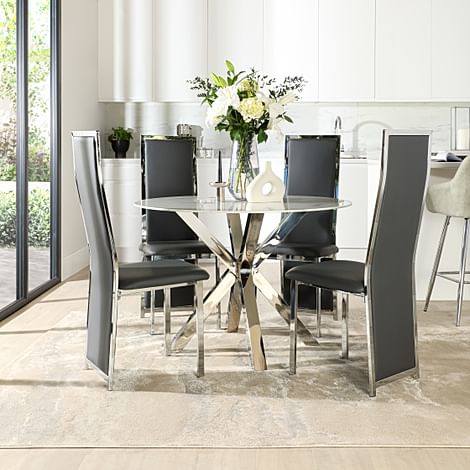 Plaza Round White Marble and Chrome Dining Table with 4 Celeste Grey Leather Dining Chairs