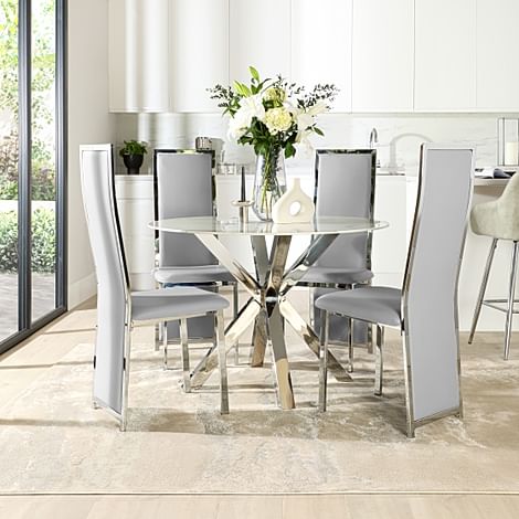 Plaza Round White Marble and Chrome Dining Table with 4 Celeste Light Grey Leather Dining Chairs
