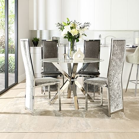 Plaza Round White Marble and Chrome Dining Table with 4 Celeste Silver Crushed Velvet Dining Chairs