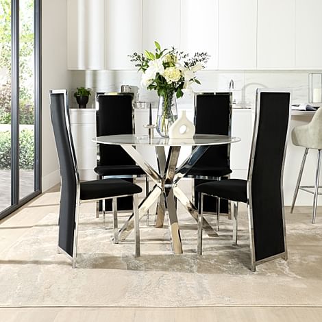 Plaza Round White Marble and Chrome Dining Table with 4 Celeste Black Velvet Dining Chairs