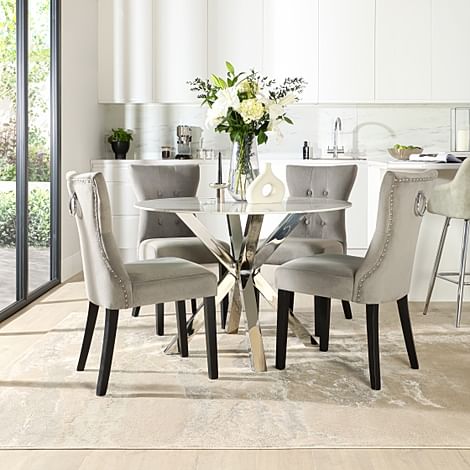 Plaza Round Dining Table & 4 Kensington Chairs, White Marble Effect & Chrome, Grey Classic Velvet & Black Solid Hardwood, 110cm