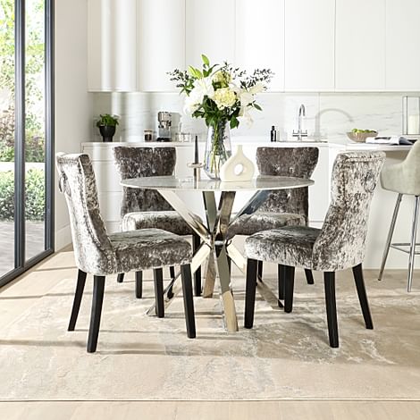 Plaza Round White Marble and Chrome Dining Table with 4 Kensington Silver Velvet Dining Chairs
