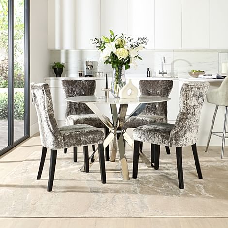 Plaza Round Dining Table & 4 Kensington Chairs, White Marble Effect & Chrome, Silver Crushed Velvet & Black Solid Hardwood, 110cm