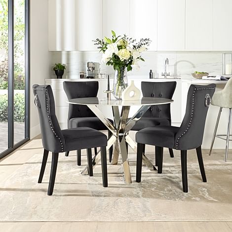Plaza Round Dining Table & 4 Kensington Chairs, White Marble Effect & Chrome, Black Classic Velvet & Black Solid Hardwood, 110cm