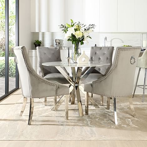 Plaza Round Dining Table & 4 Imperial Chairs, White Marble Effect & Chrome, Grey Classic Velvet, 110cm
