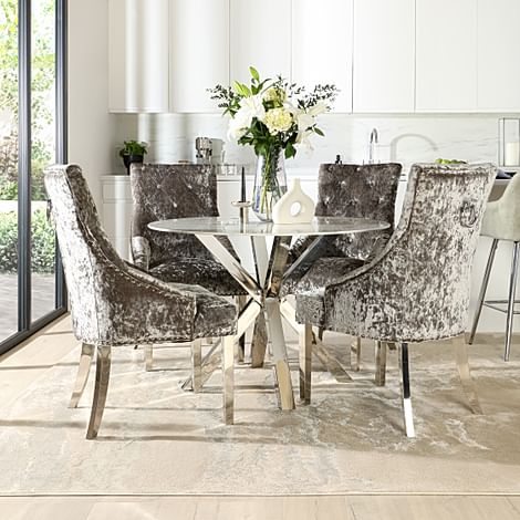 Plaza Round Dining Table & 4 Imperial Chairs, White Marble Effect & Chrome, Silver Crushed Velvet, 110cm