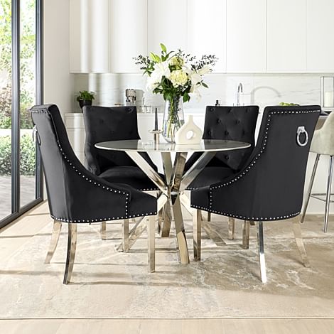 Plaza Round Dining Table & 4 Imperial Chairs, White Marble Effect & Chrome, Black Classic Velvet, 110cm