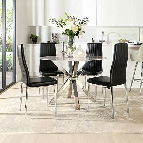 Plaza Round Grey Marble and Chrome Dining Table with 4 Leon Black Leather Dining Chairs