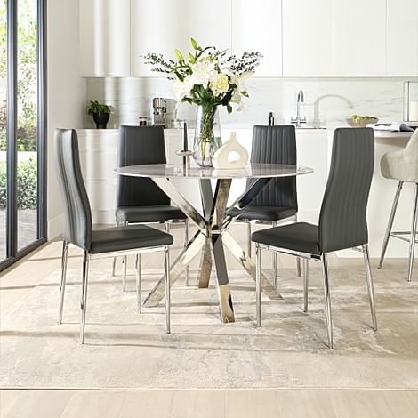 Plaza Round Dining Table & 4 Leon Chairs, Grey Marble Effect & Chrome, Grey Classic Faux Leather, 110cm