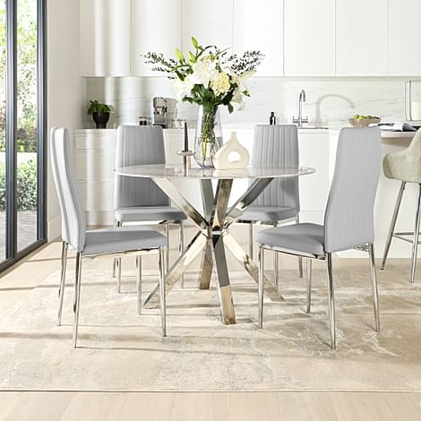 Plaza Round Grey Marble and Chrome Dining Table with 4 Leon Light Grey Leather Dining Chairs