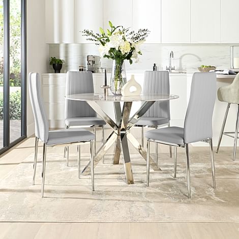 Plaza Round Dining Table & 4 Leon Chairs, Grey Marble Effect & Chrome, Light Grey Classic Faux Leather, 110cm