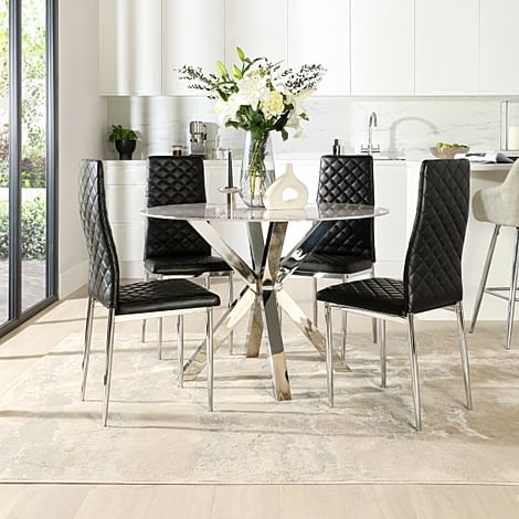 Plaza Round Grey Marble and Chrome Dining Table with 4 Renzo Black Leather Dining Chairs