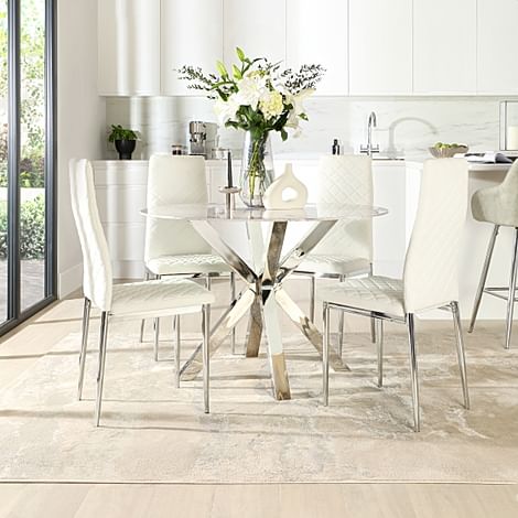 Plaza Round Dining Table & 4 Renzo Chairs, Grey Marble Effect & Chrome, White Classic Faux Leather, 110cm