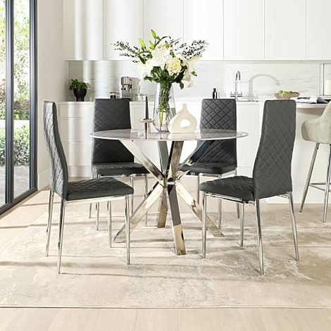 Plaza Round Grey Marble and Chrome Dining Table with 4 Renzo Grey Leather Dining Chairs
