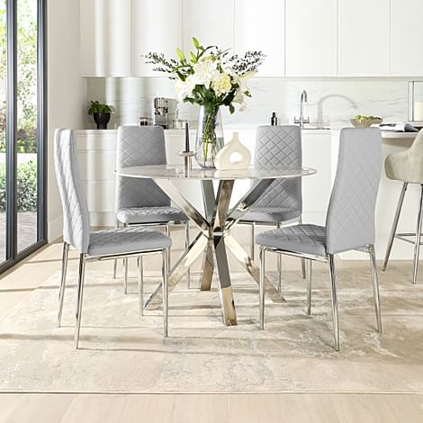 Plaza Round Grey Marble and Chrome Dining Table with 4 Renzo Light Grey Leather Dining Chairs
